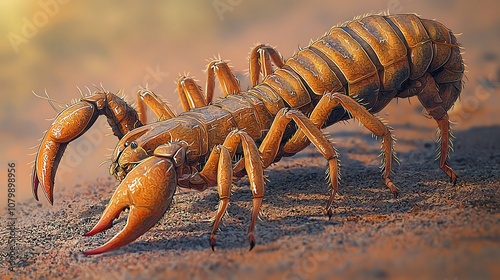 A close-up of a whip scorpion, a large, segmented arthropod with large pincers and a whip-like tail. It has a brown, segmented exoskeleton, and is crawling on a sandy surface. photo