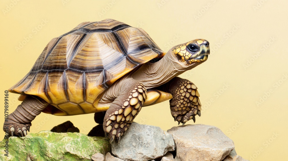 Fototapeta premium A tortoise climbing over rocks against a light background.