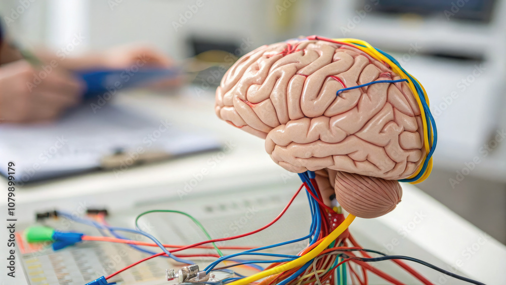 © SMART.art - Close-up of human brain model with colorful wires connecting to represent neural activity, symbolizing mental exercise and cognitive development, with copy space for text or design.