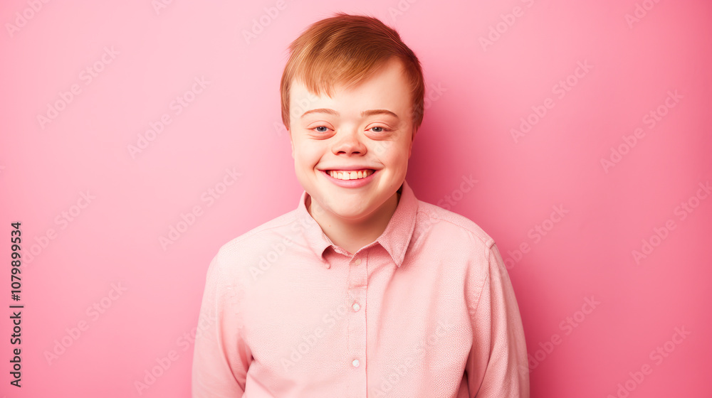 Portrait of smiling laughing teenager guy with Down syndrome pink background. Portrait of smiling laughing teenager guy with Down syndrome pink background.
