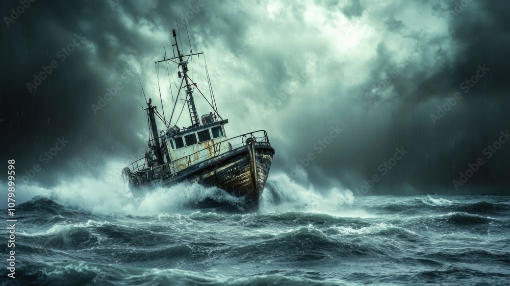 Stormy Sea and Struggling Fishing Boat Stormy Sea and Struggling Fishing Boat