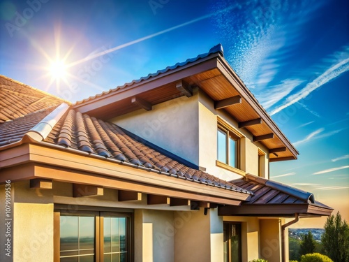 A Bright and Inviting Fragment of a Modern Private House Under a Clear Blue Sky on a Sunny Day, Showcasing the Roof and Surrounding Details in High Depth of Field for Architectural Photography