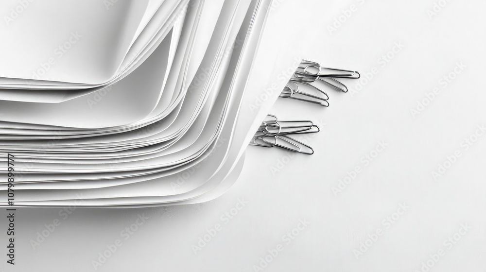 Neatly Stacked White Paper Sheets with Metal Clips for Office Use on a Clean Background, Perfect for Document Preparation and Presentation Needs