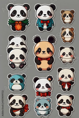 Adorable Panda Stickers: A Collection of Cute and Playful Cartoon Pandas in Various Poses and Outfits