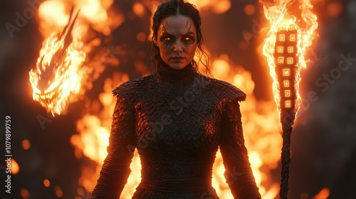 Epic fire-wielding warrior confronts fiery dragon in a dramatic fantasy landscape cinematic viewpoint adventure concept