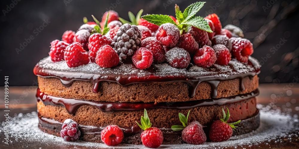 A decadent chocolate cake layered with rich frosting and topped with a symphony of fresh raspberries, adorned with a dusting of powdered sugar for a touch of sweetness and elegance. A decadent chocolate cake layered with rich frosting and topped with a symphony of fresh raspberries, adorned with a dusting of powdered sugar for a touch of sweetness and elegance.