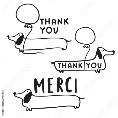 Dachshund with balloon and phrases - thank you, merci. Vector hand drawn outline illustration. Best for greeting cards. White background.