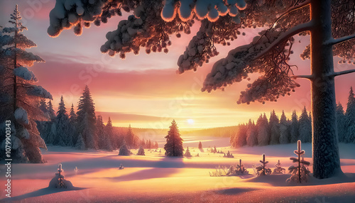 Peaceful Winter Landscape with Snow-Covered Trees at Sunset Casting a Warm Golden Glow Across Snowy Fields