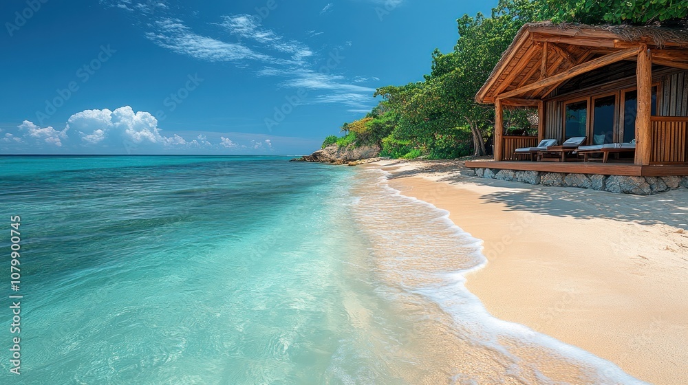 Serene beach with clear water and a wooden beach house. Serene beach with clear water and a wooden beach house.