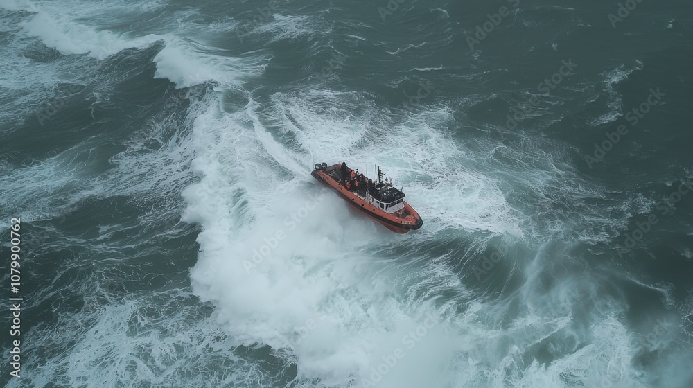 Fototapeta premium Rescue Boat Navigating Rough Sea Conditions