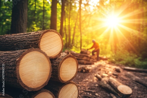 Sunset in the Forest with Stacked Logs