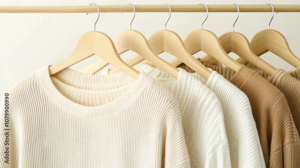 Beige and white fashion Clothes on a clothing hanger,knitwear and hoodies on hangers,Minimal fashion clothes on a rack,Fashion blog, website, social media,store in shopping mall,sale online. Beige and white fashion Clothes on a clothing hanger,knitwear and hoodies on hangers,Minimal fashion clothes on a rack,Fashion blog, website, social media,store in shopping mall,sale online.