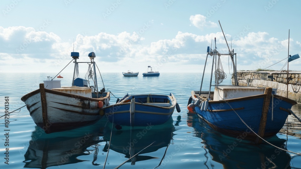 Three boats are docked in the water, with one of them being blue Three boats are docked in the water, with one of them being blue