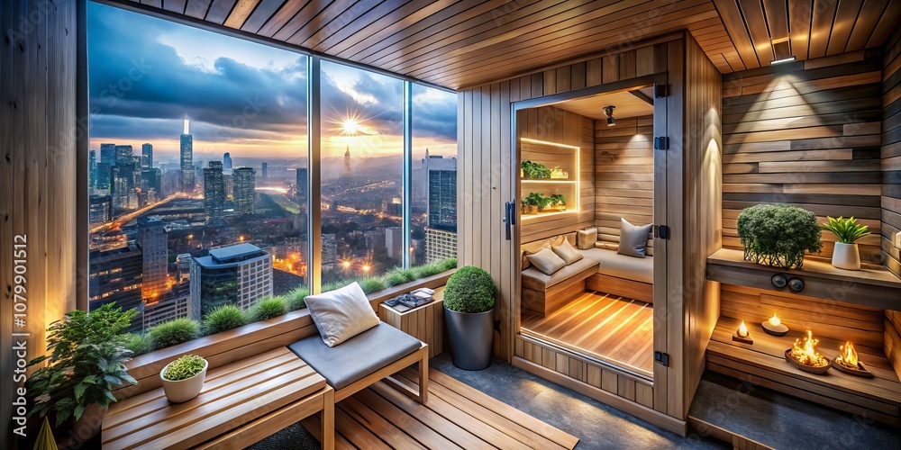 Aerial View of a Compact City Apartment with a Serene Sauna Unit, Showcasing a Tranquil Retreat Amidst Urban Bustle, Ideal for Wellness and Relaxation Imagery Aerial View of a Compact City Apartment with a Serene Sauna Unit, Showcasing a Tranquil Retreat Amidst Urban Bustle, Ideal for Wellness and Relaxation Imagery