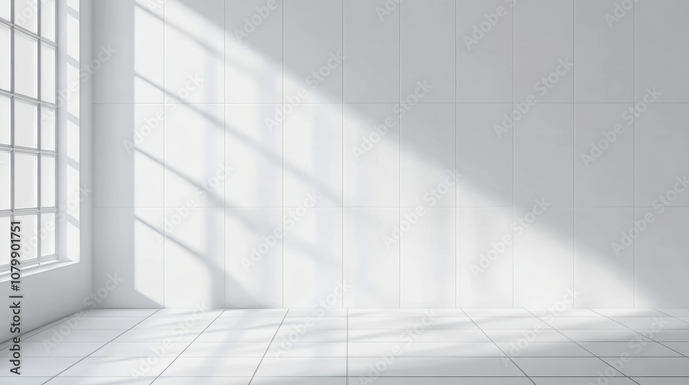 Bright and minimalistic interior space with white tile surfaces and soft shadows cast by large windows, creating serene atmosphere Bright and minimalistic interior space with white tile surfaces and soft shadows cast by large windows, creating serene atmosphere