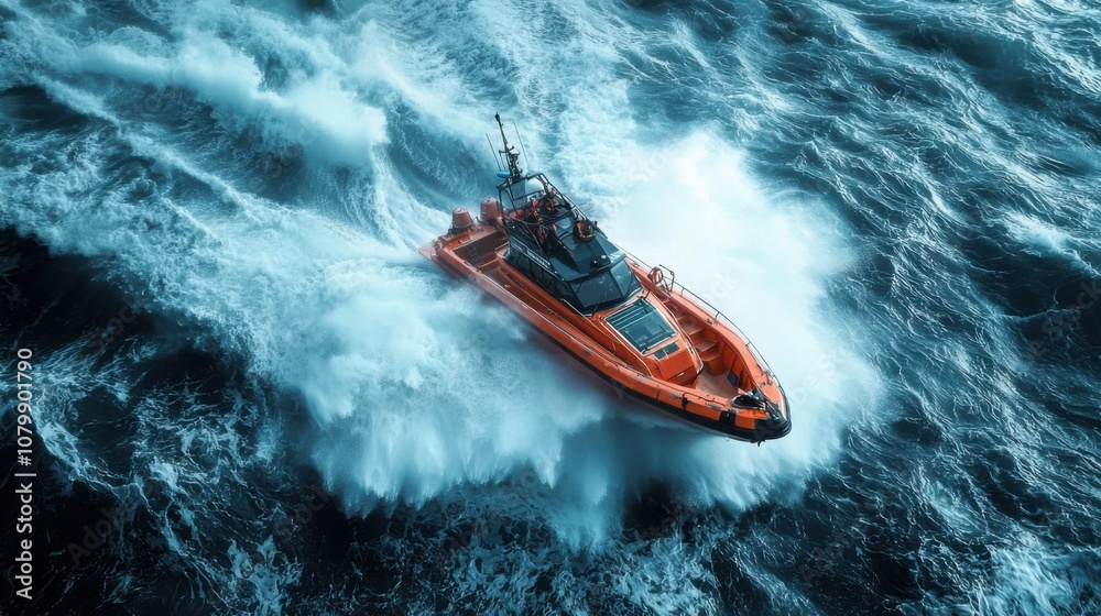 Fototapeta premium Vibrant Rescue Boat Navigating Rough Waters