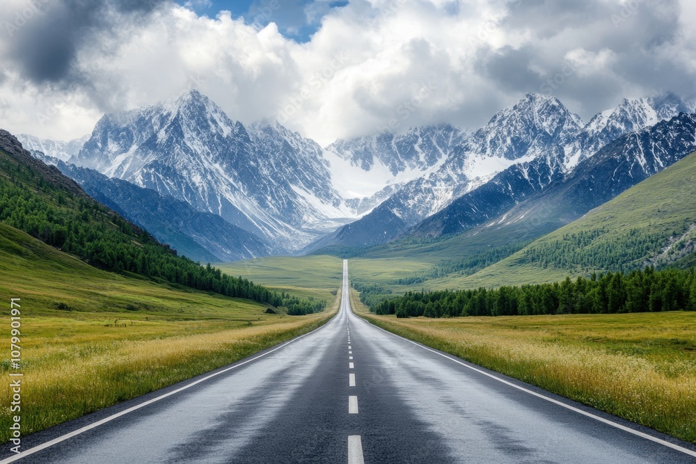 Asphalt road leading towards a majestic mountain range. Asphalt road leading towards a majestic mountain range.