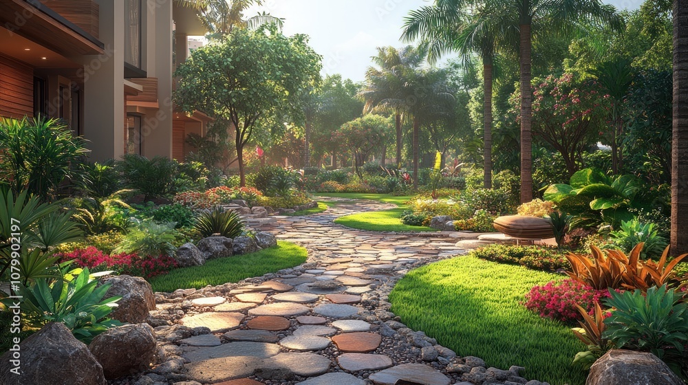 Obraz premium Lush garden pathway surrounded by vibrant plants and trees.