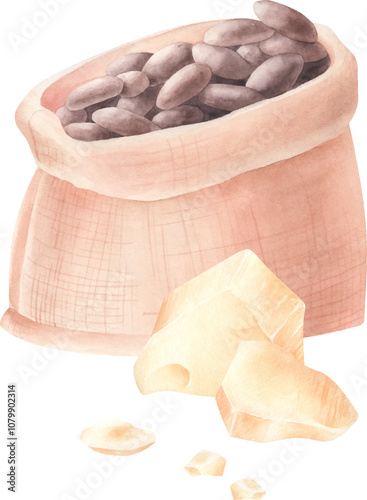 Watercolor composition with bag and cocoa butter.