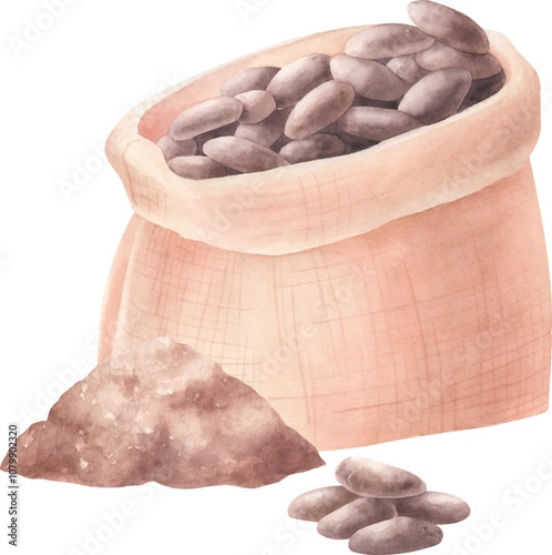 Watercolor composition with bag with cocoa beans and cocoa powder.