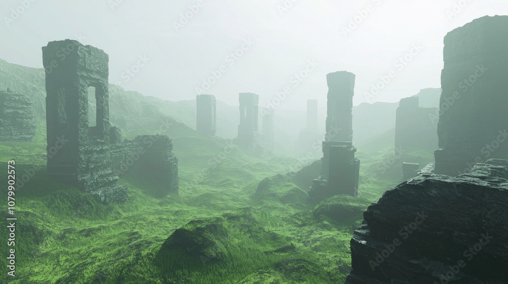 Mystical Ruins of an Ancient Civilization in a Lush Green Valley - Dark Fantasy 3D Render Artwork with Ultra-Detailed Features Mystical Ruins of an Ancient Civilization in a Lush Green Valley - Dark Fantasy 3D Render Artwork with Ultra-Detailed Features