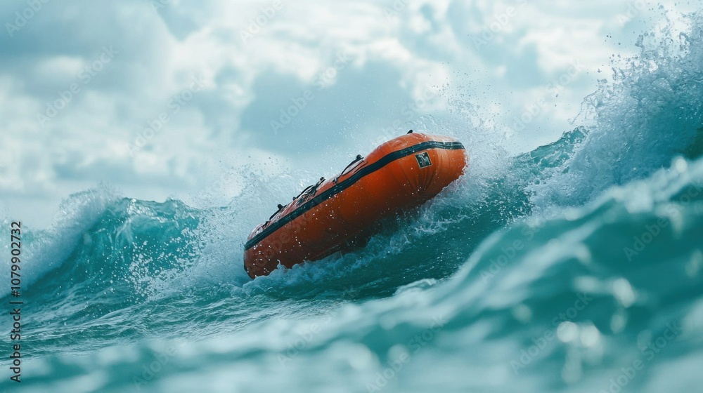 Fototapeta premium Orange Lifeboat Amidst Turbulent Ocean Waves