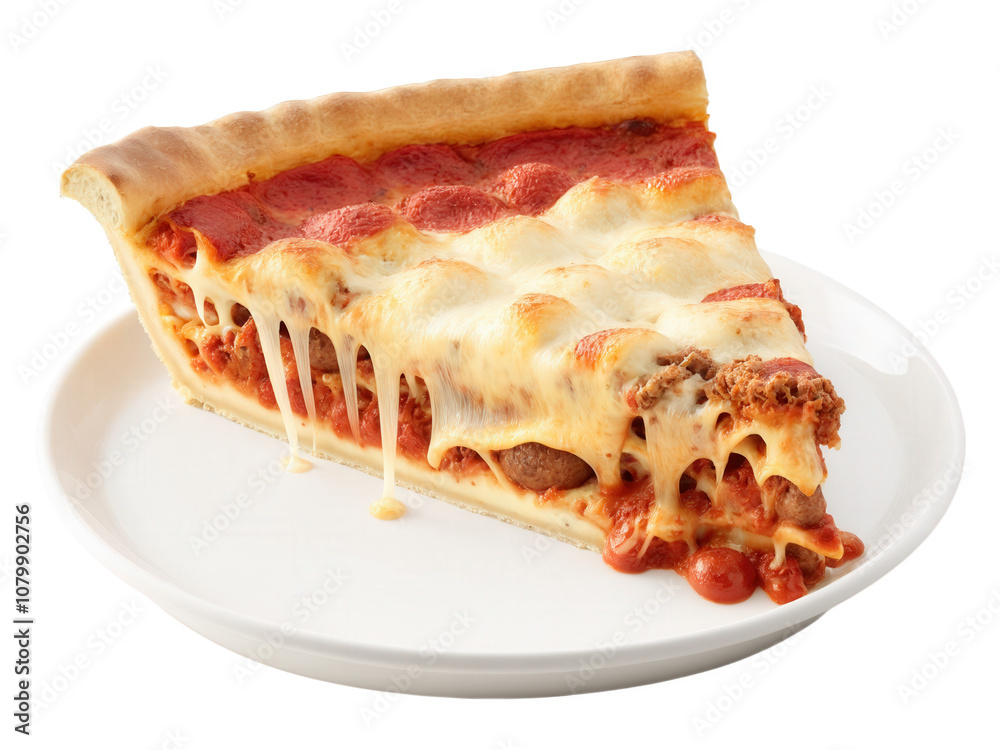 Chicago-Style Deep Dish Pizza A thick slice of Chicago-style deep-dish pizza with layers of melted cheese, tangy tomato sauce, Chicago-Style Deep Dish Pizza A thick slice of Chicago-style deep-dish pizza with layers of melted cheese, tangy tomato sauce,