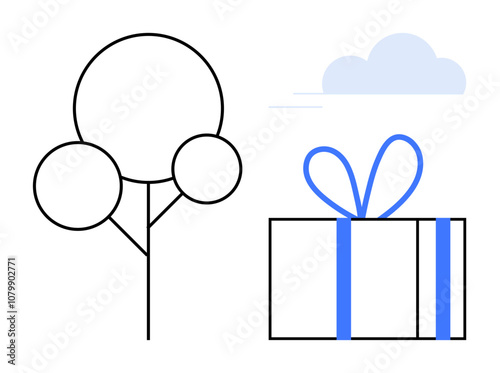 Simple black tree with three round leaves next to a gift box wrapped in blue ribbon under a light blue cloud. Ideal for celebrations, seasons, nature, gifting, greeting cards, decoration