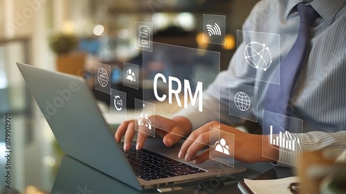 businessman pressing virtual button CRM, customer relationship management. cloud computing concept, cloud technology, Saas, Paas, Iaas. AWS Services 