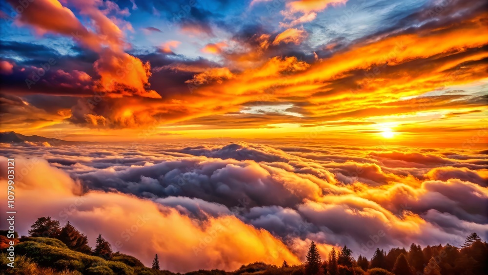 Fototapeta premium Breathtaking Sunset Above the Clouds: A Stunning Display of Orange Cumulus Clouds and Twilight Sky Gradients at Dusk, Perfect for Capturing Nature's Beauty in Landscape Photography