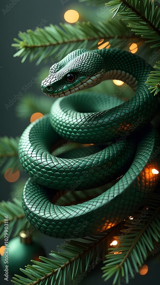 a dark green snake coiled around a Christmas tree branch, with ornaments and lights around. Symbol of 2025. New Year's poster a dark green snake coiled around a Christmas tree branch, with ornaments and lights around. Symbol of 2025. New Year's poster