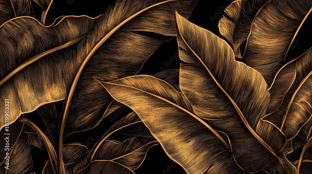 Fototapeta premium 81.A luxurious wallpaper design featuring hand-drawn golden banana leaves on a dark, contrasting background. The detailed line art of the tropical leaves creates an elegant, nature-inspired pattern