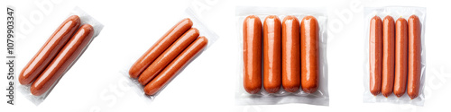 A set of frozen food is ready to eat. A series of hot dog packages displaying varying quantities of sausages in a neat arrangement.