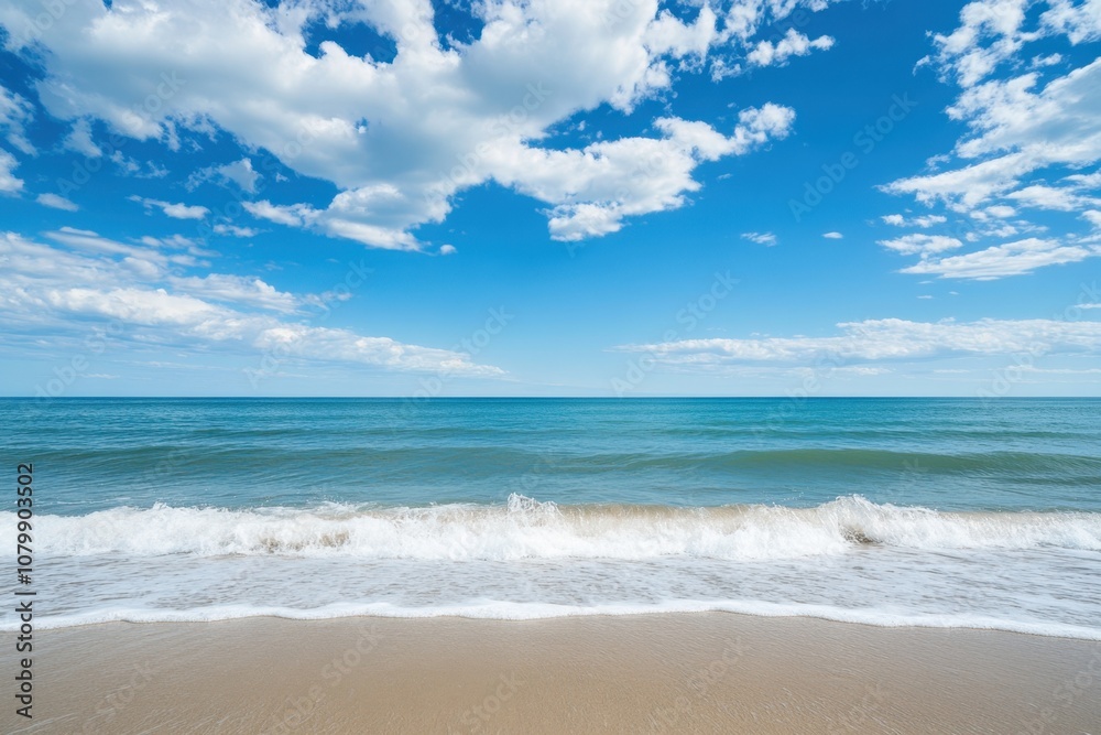 Blue sky with white fluffy clouds over a calm ocean and sandy beach. Blue sky with white fluffy clouds over a calm ocean and sandy beach.