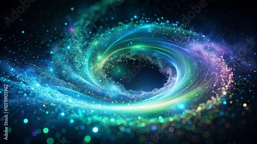 Abstract swirling light particles, illuminated by vibrant hues, creating a celestial vortex of cosmic energy