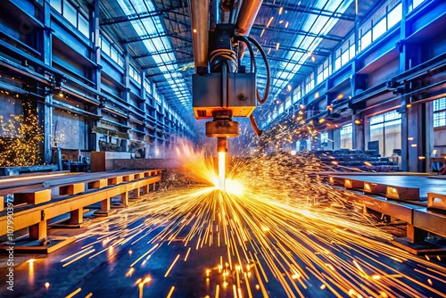 Captivating Panoramic View of Sparks Flying from a Plasma Cutter in a Fabrication Plant in Innisfail, Alberta, Canada, Showcasing Industrial Excellence and Precision Engineering photo