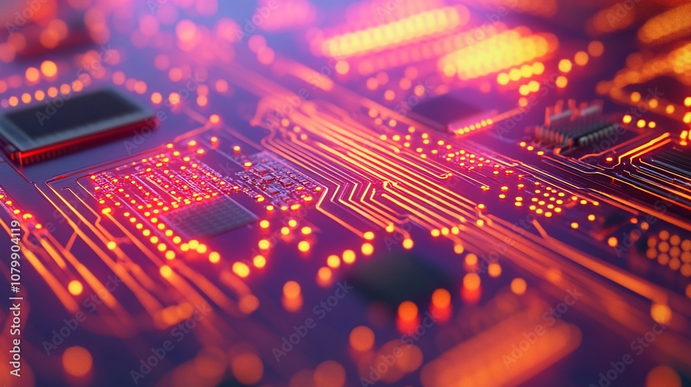 Close up of a circuit board with glowing red and orange lights. Close up of a circuit board with glowing red and orange lights.