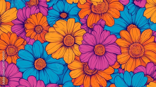 73.A seamless pattern of abstract, hand-drawn daisies in a groovy, vintage design. The flowers are illustrated in bold, psychedelic colors like teal, orange, and fuchsia, capturing the carefree,