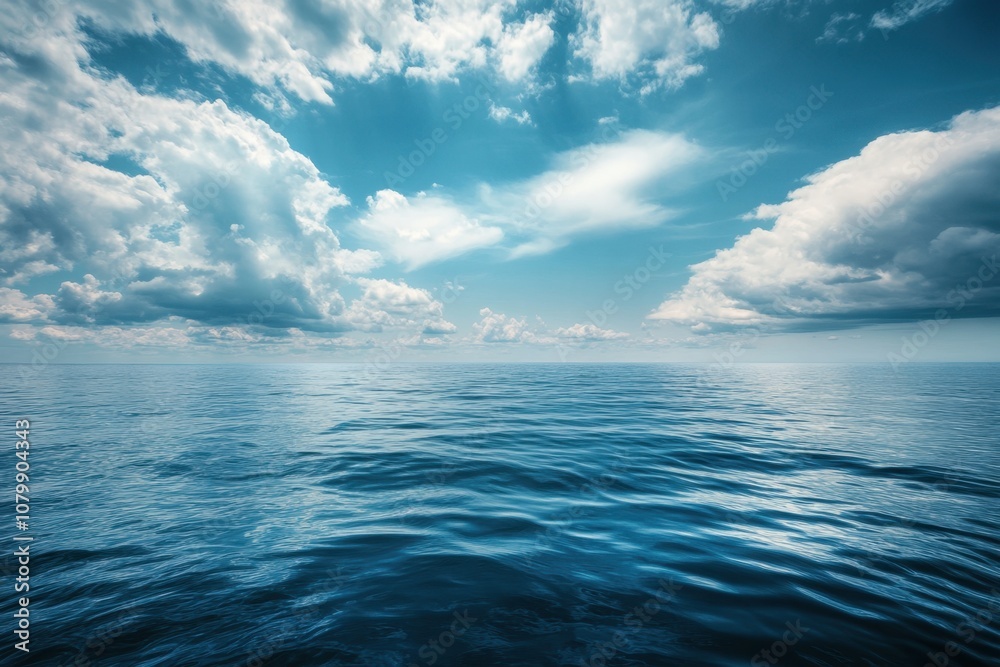 Obraz premium Calm blue sea under a vast sky with white clouds.
