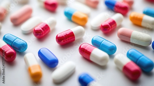 Colorful Assortment of Medical Capsules and Pills Spread Across a Surface for Healthcare and Pharmaceutical Background Use