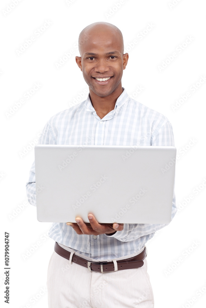 Studio, black man and portrait with laptop for business, research or software update with technology. Smile, male person or web designer with digital for ux design, startup review or white background Studio, black man and portrait with laptop for business, research or software update with technology. Smile, male person or web designer with digital for ux design, startup review or white background
