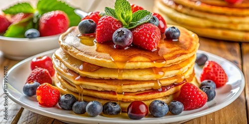 Stack of golden pancakes drizzled with syrup and topped with fresh fruit, ready to be devoured