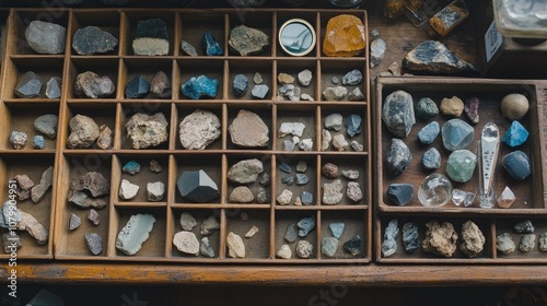 A Stunning Collection of Natural Minerals and Crystals Displayed in Wooden Organizers on a Rustic Wooden Table Showcasing Unique Textures and Colors