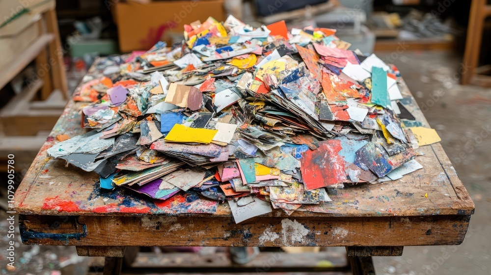 Colorful Palette Scraps and Paint Chips on a Rustic Table in an Artist's Studio Creating a Vibrant Chaos of Art Materials and Inspiration for Creative Projects Colorful Palette Scraps and Paint Chips on a Rustic Table in an Artist's Studio Creating a Vibrant Chaos of Art Materials and Inspiration for Creative Projects