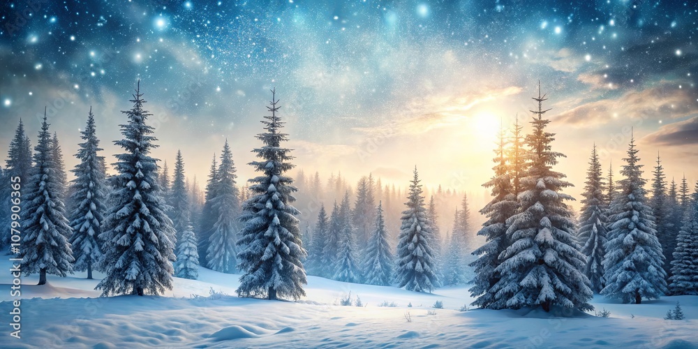 Winter wonderland with snow-covered evergreen trees and a starry sky illuminated by a vibrant sunrise Winter wonderland with snow-covered evergreen trees and a starry sky illuminated by a vibrant sunrise