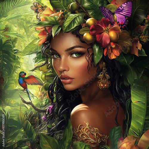 a jungle queen, a figure with floral and fruit motifs. She stands among lush vines, massive tropical leaves, and bright, flowers, wearing intricate gold accessories and a crown of fresh jungle fruit photo