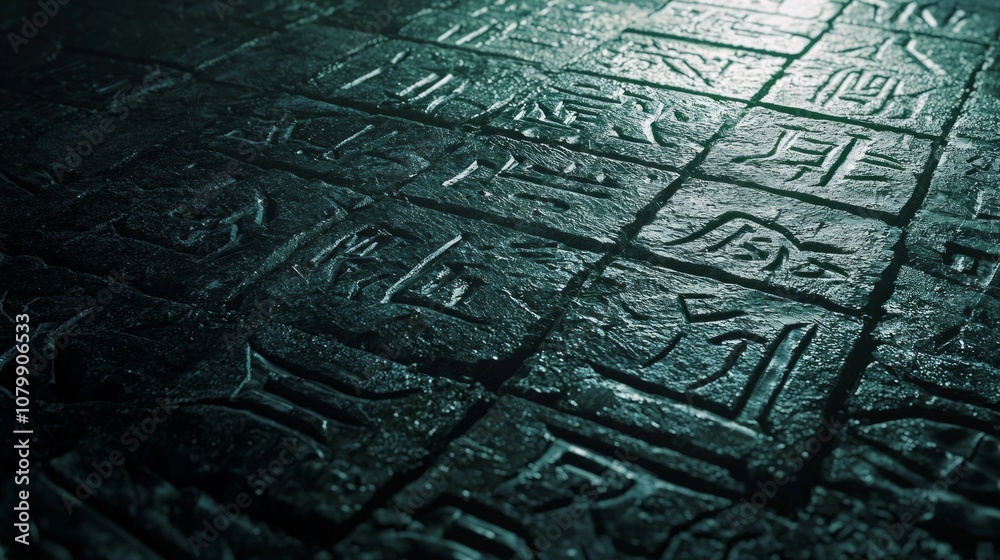 Fototapeta premium Mystical Engravings of Forgotten Lore - Detailed 3D Render of Illuminated Ancient Runes on Stone Slab in Dark Fantasy Setting