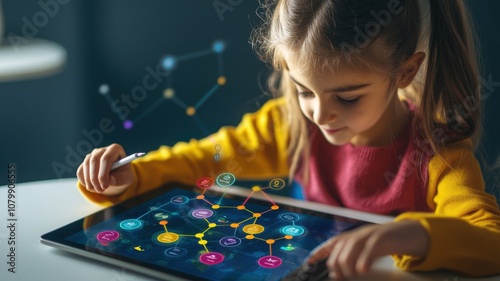 Education technology with gamification concept. A young girl interacts with a tablet displaying colorful digital connections, exploring concepts of science and technology.