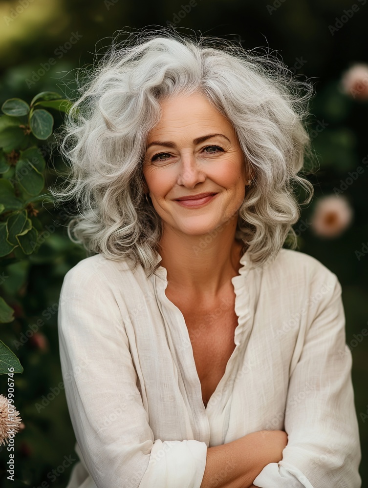 Portrait of a Beautiful Woman with Gray Curls Wearing Casual Attire, Smiling Gracefully Amidst Lush Greenery and Floral Background in Natural Light Portrait of a Beautiful Woman with Gray Curls Wearing Casual Attire, Smiling Gracefully Amidst Lush Greenery and Floral Background in Natural Light
