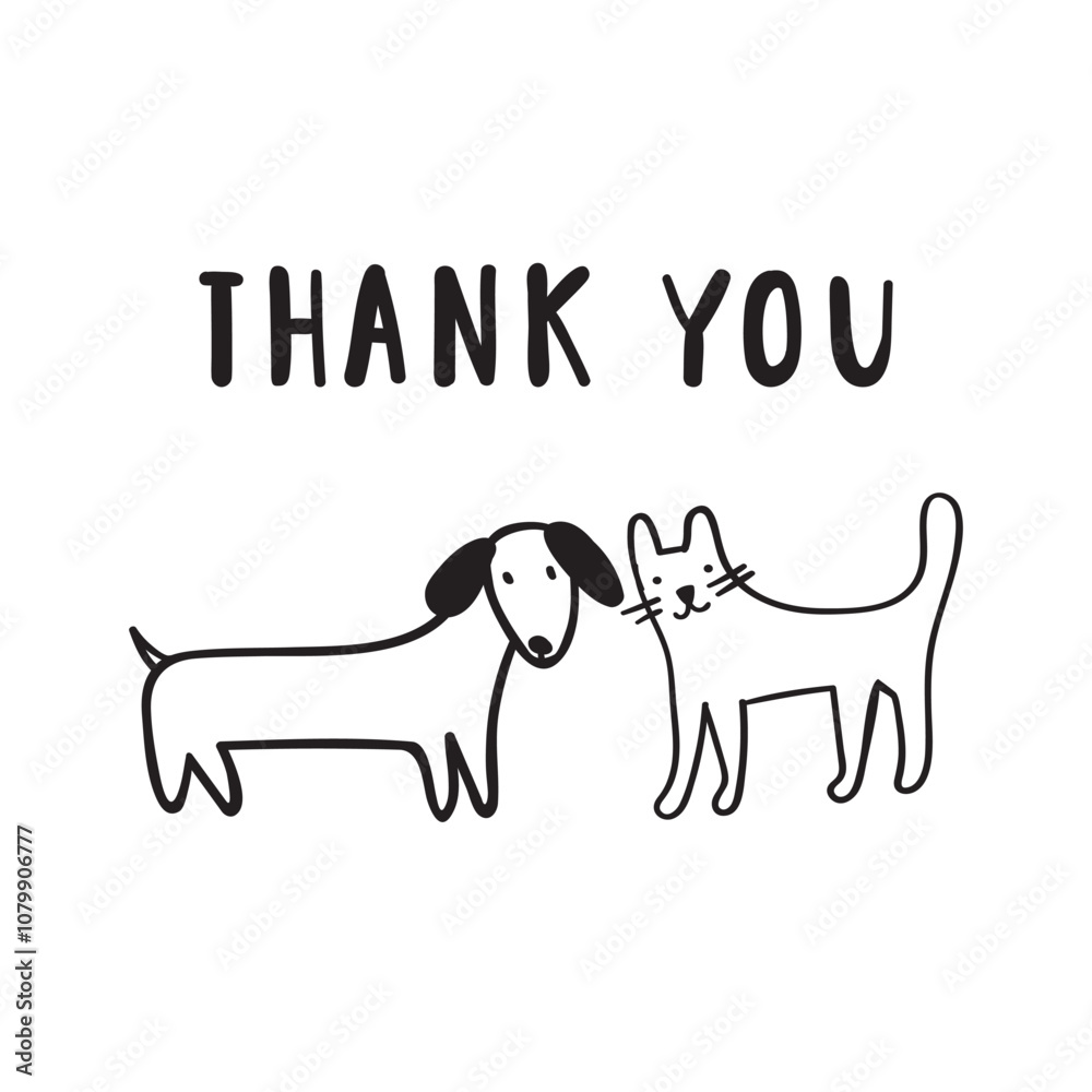 Cat and dog. Thank you. Vector hand drawn outline illustration. Banner. Black color. Best for greeting cards. White background. Cat and dog. Thank you. Vector hand drawn outline illustration. Banner. Black color. Best for greeting cards. White background.